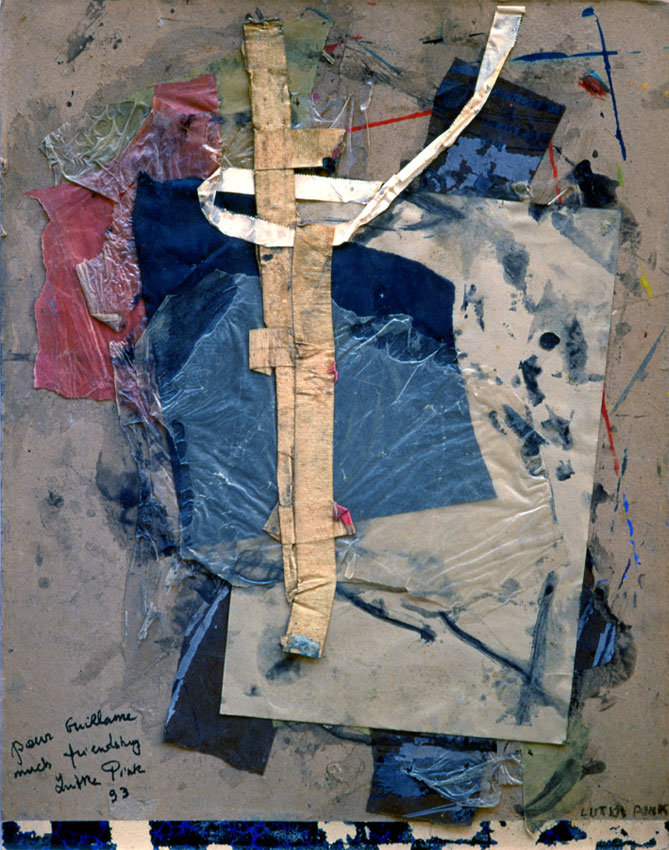Collage sur carton - 55,5x43cm - 1993 - Signature en bas à droite. A gauche "pour Guillaume much friendship Lutka Pink 93"
